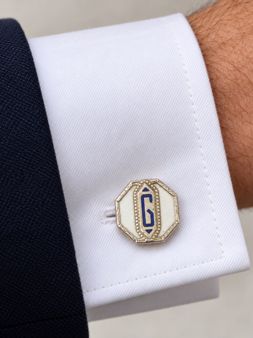 B&W Kum-A-Part Art Deco Jazz Age Cobalt Blue G Monogram Enamel Snap Cufflinks